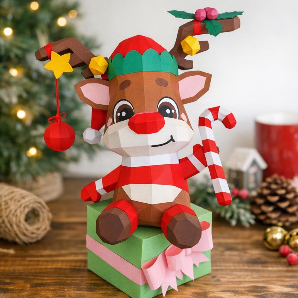 Papercraft de renne Rodolfo en origami 3D