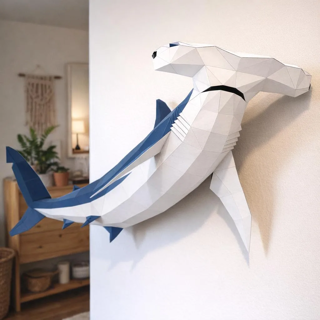 Papercraft de tubarão-martelo branco e azul em origami 3D