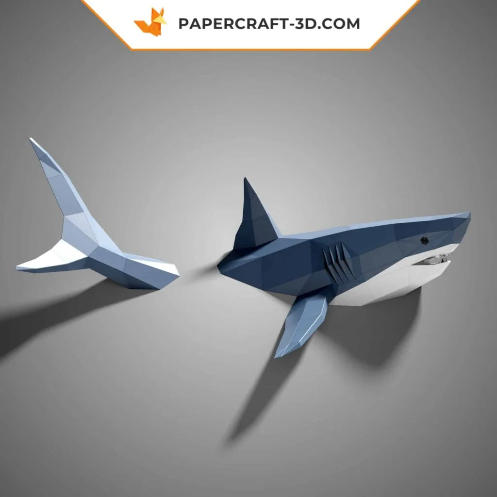 Papercraft de tubarão mural em origami 3D