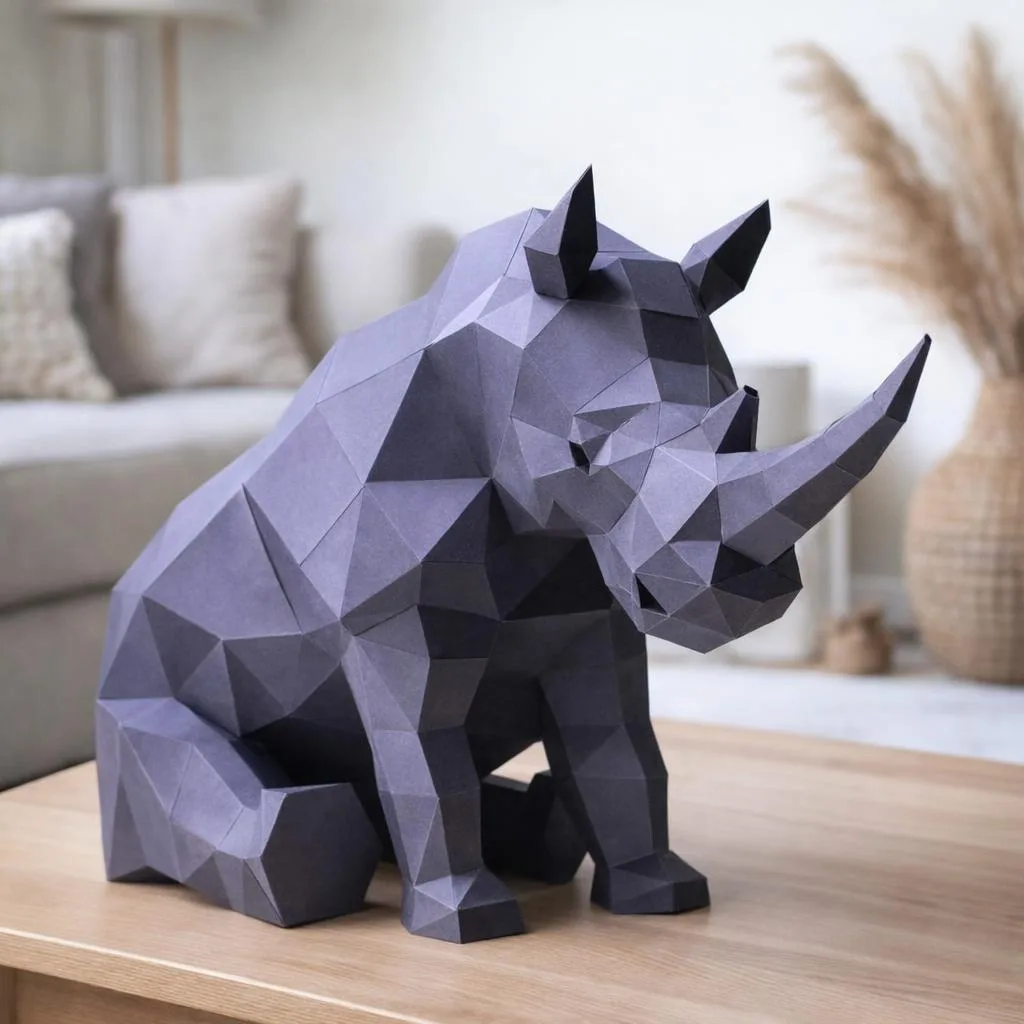 Sitzendes Nashorn als 3D-Origami-Papercraft