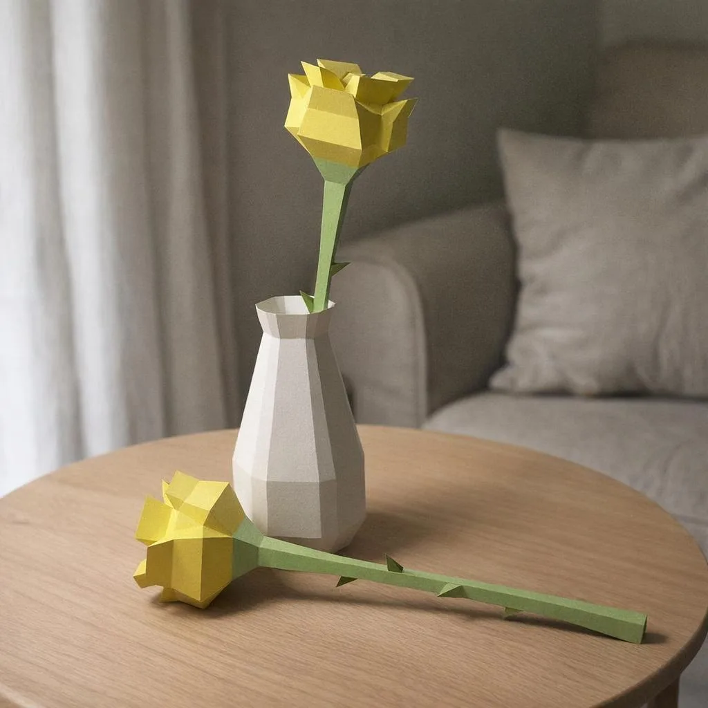 3D Origami Papercraft Rose with Matching Vase