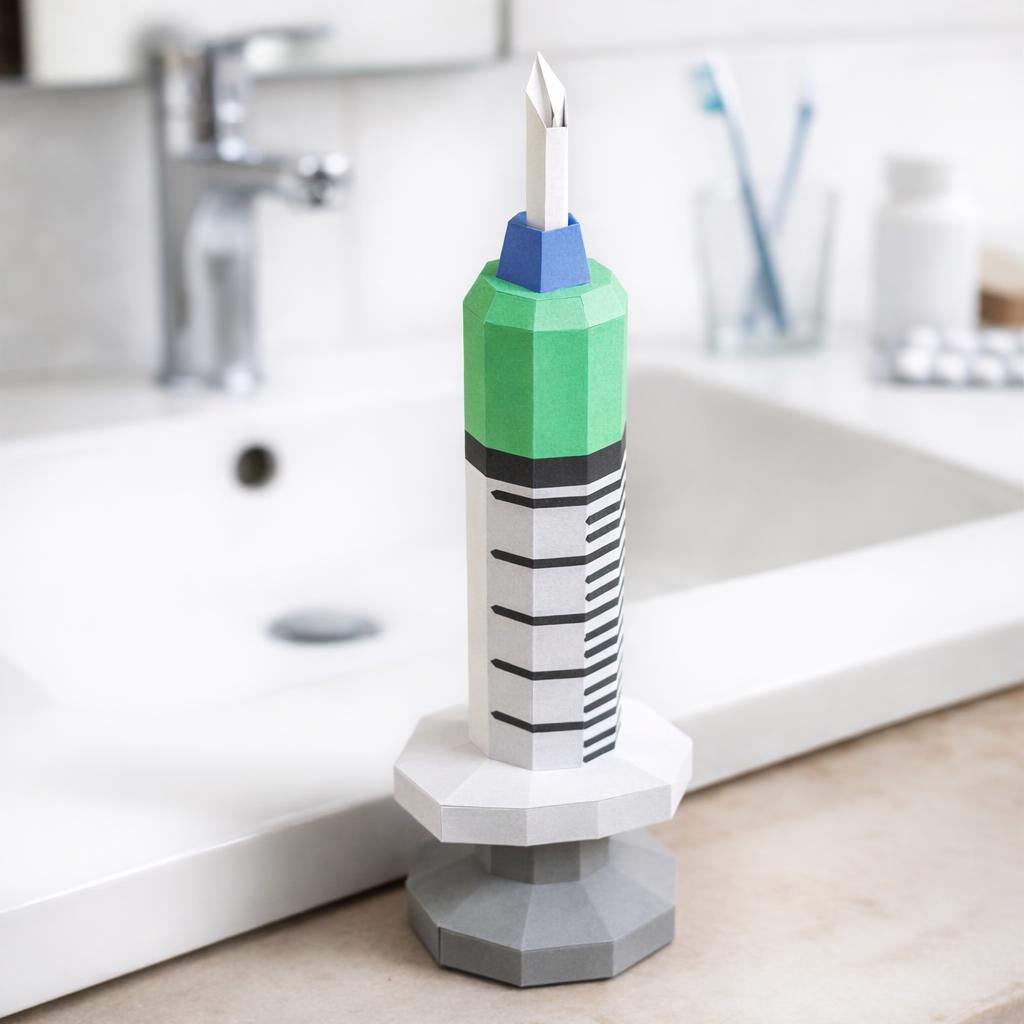 Papercraft de seringa médica em origami 3D