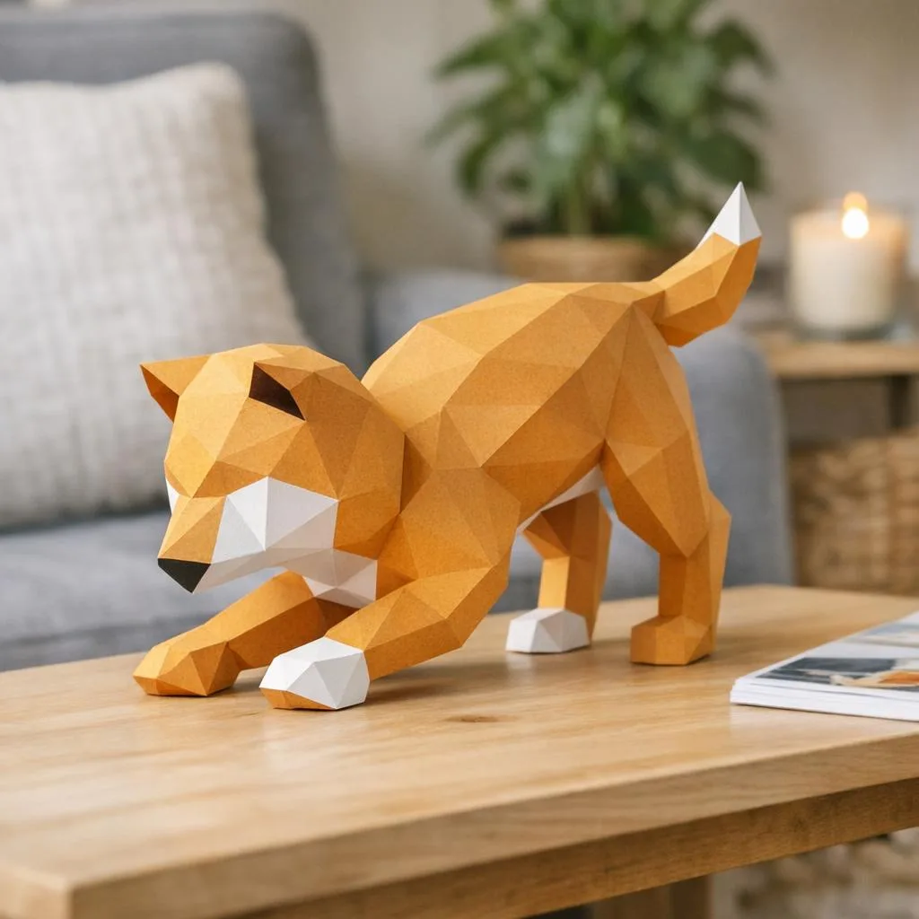 Papercraft de Shiba Inu fazendo reverência em origami 3D