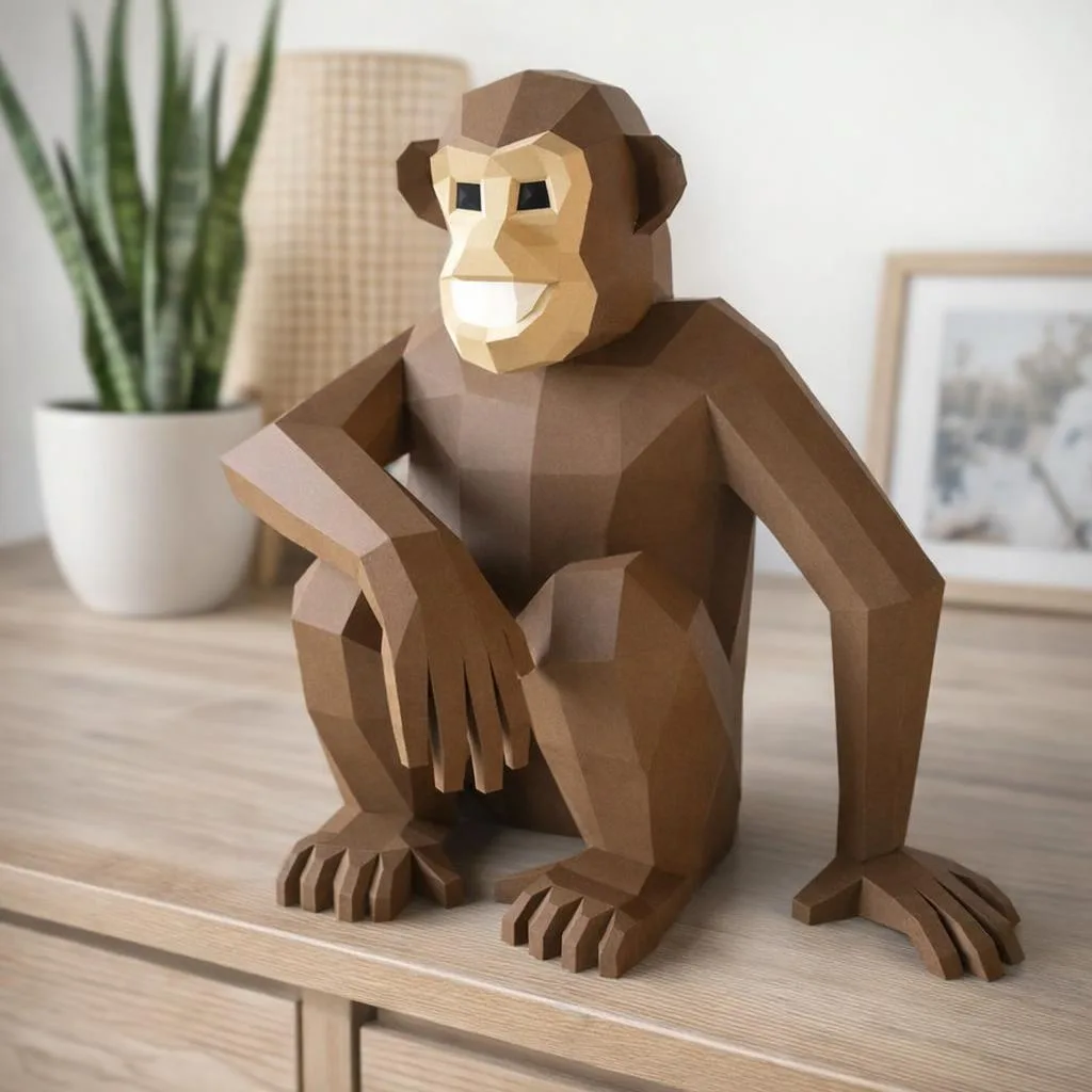 Sitzender Schimpanse als Papercraft Origami 3D
