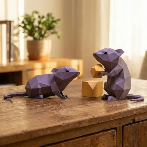 3D-Origami-Papercraft mauvefarbene Mäuse mit Käse