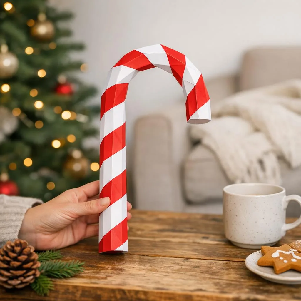 Papercraft de bastón de caramelo navideño en origami 3D