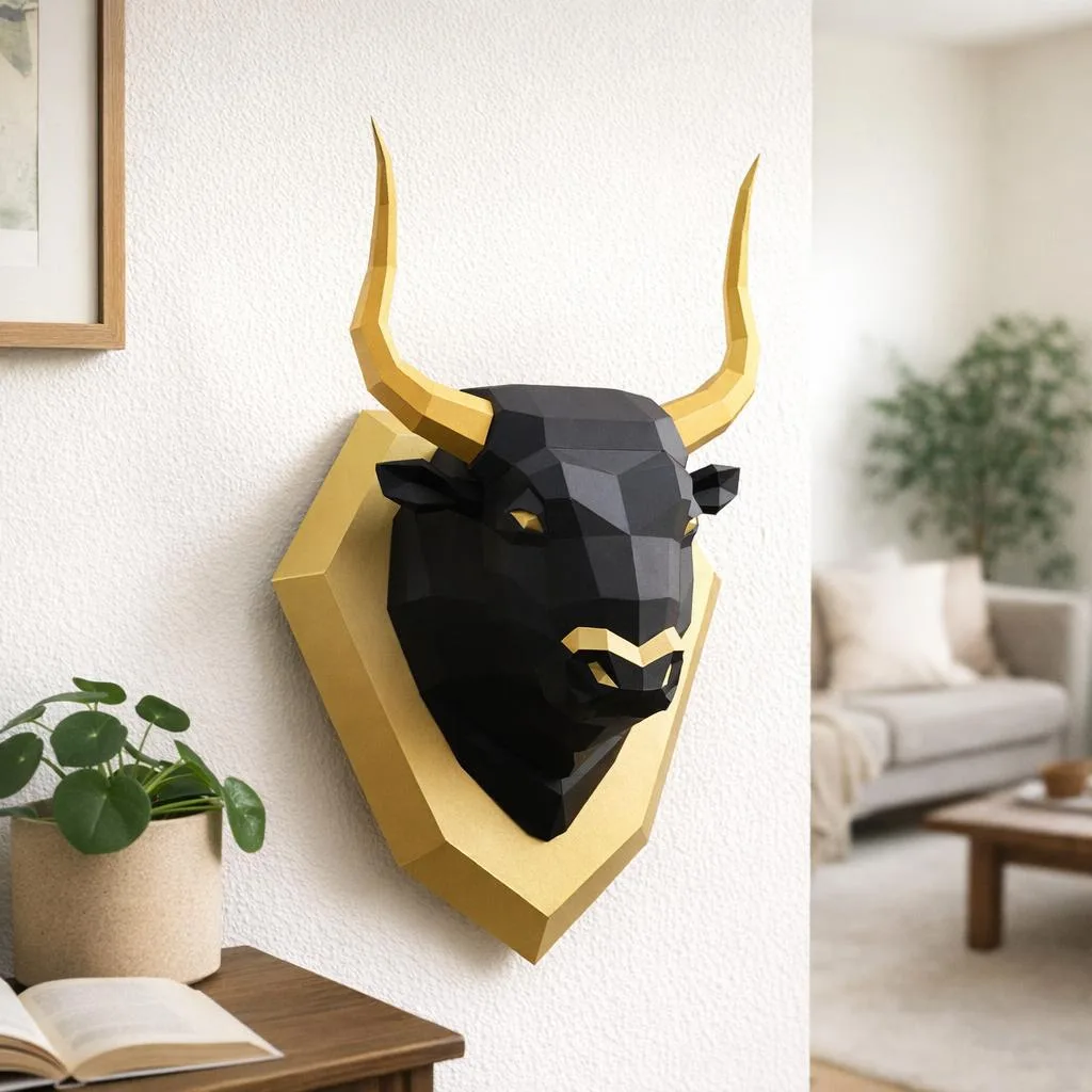 Papercraft de touro em escudo em origami 3D
