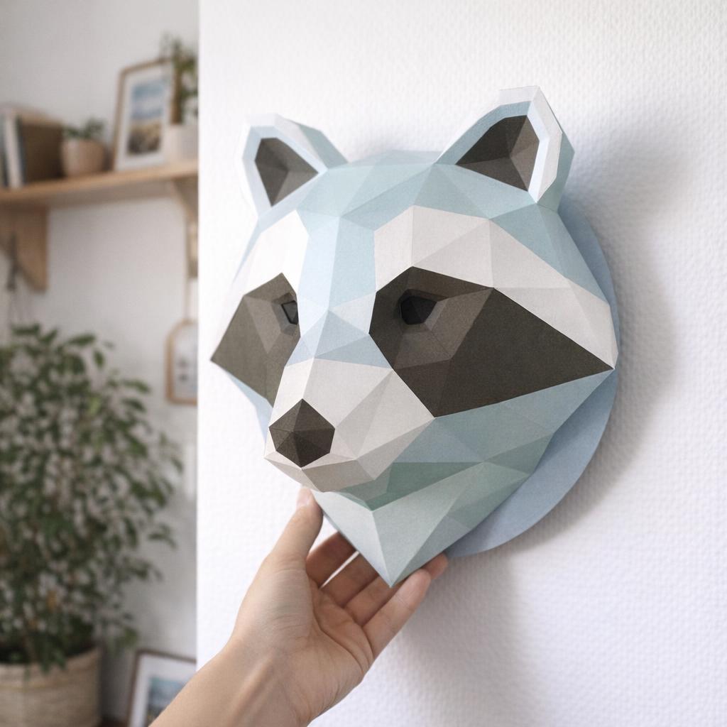 Papercraft de tête de raton laveur en origami 3D