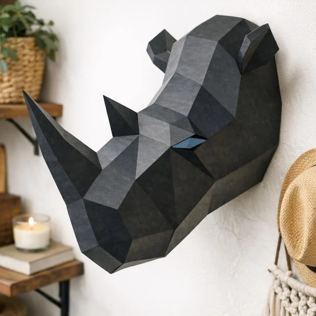 Papercraft de cabeça de rinoceronte em origami 3D