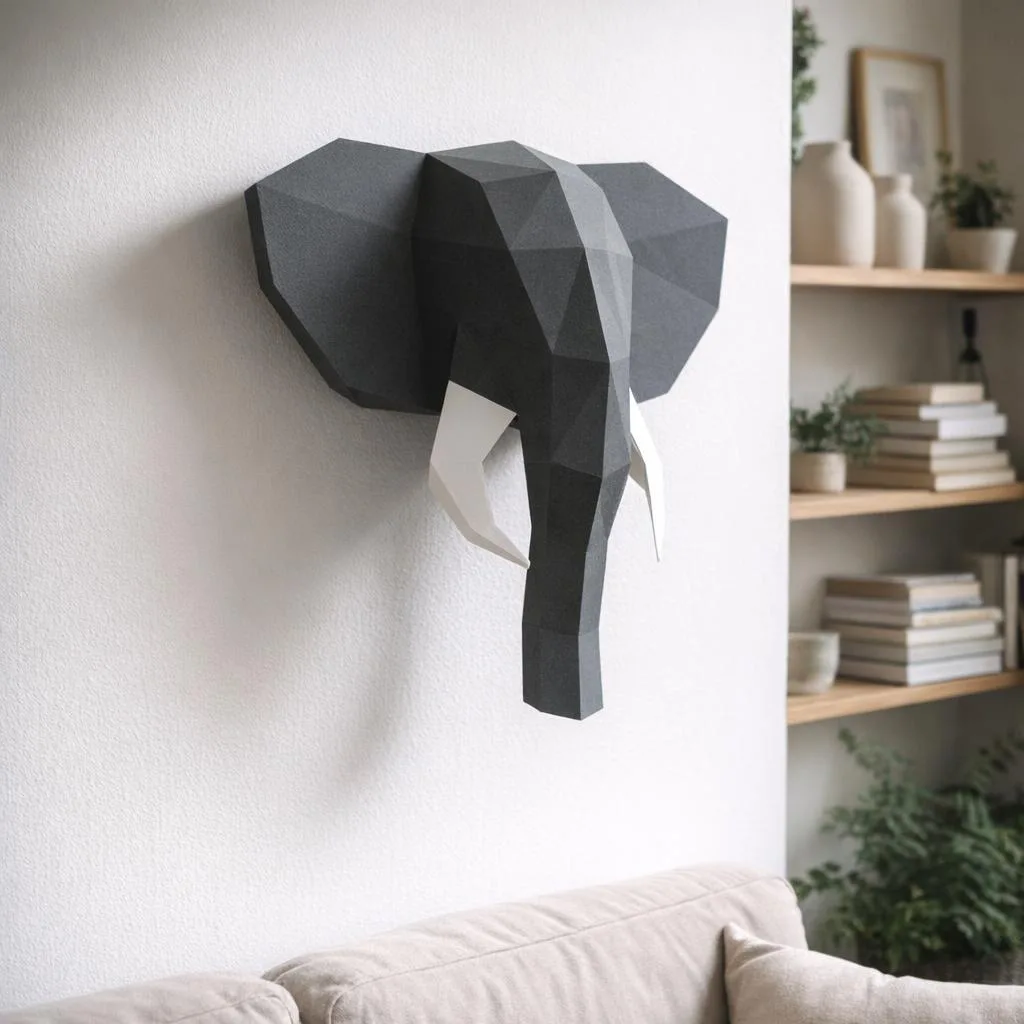 Grey 3D Origami Elephant Head Papercraft