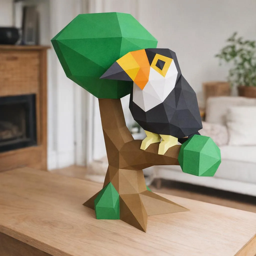 3D-Origami-Papercraft-Tukan auf einem Ast