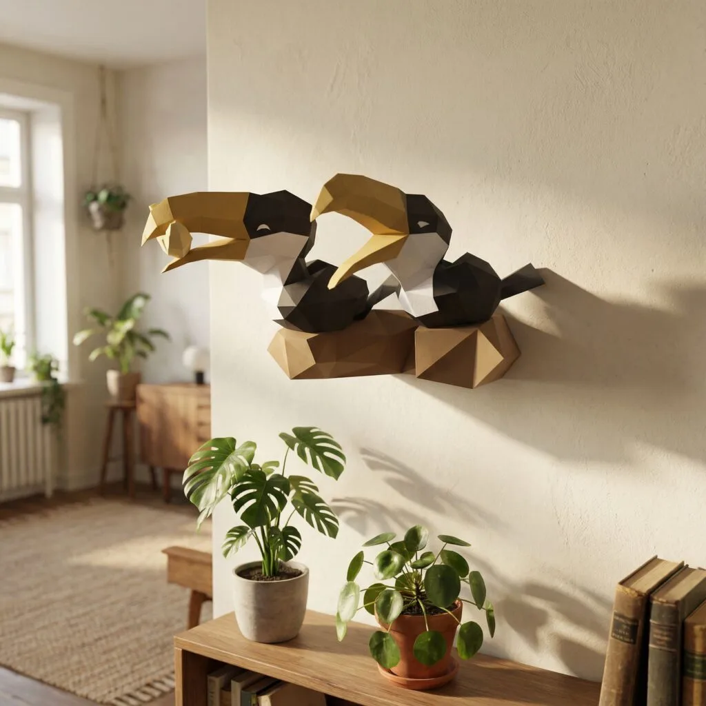 Papercraft von Tukanen auf Ast im 3D-Origami