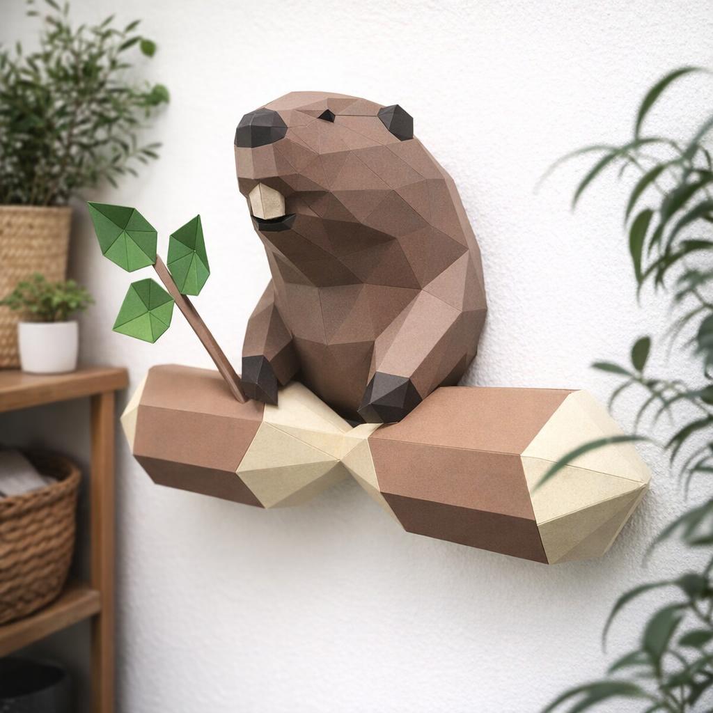 Papercraft décor mural de castor en origami 3D