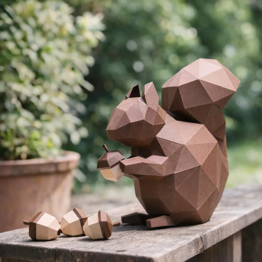 Papercraft de esquilo com a cauda erguida em origami 3D