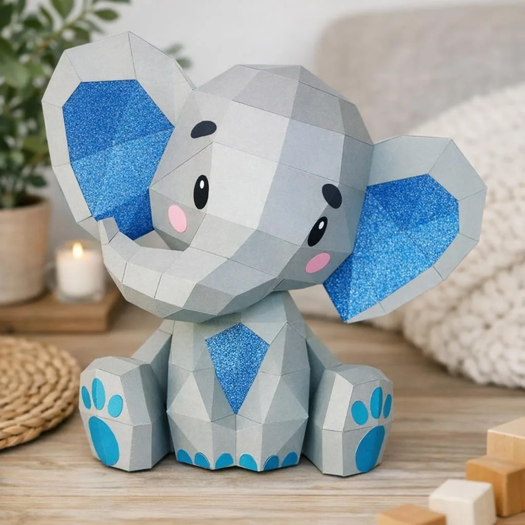 Papercraft di elefantino seduto carino in origami
