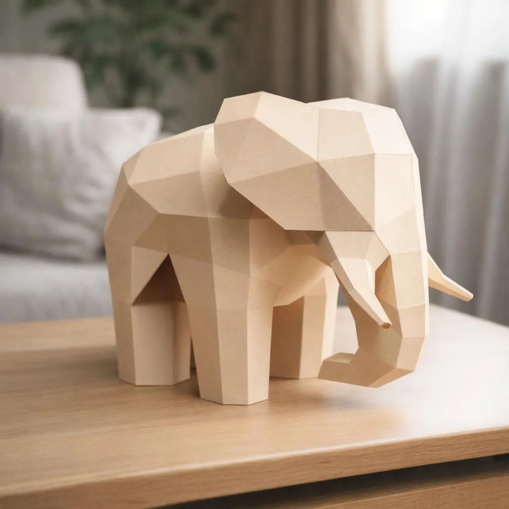 Papercraft de elefante bege em origami 3D