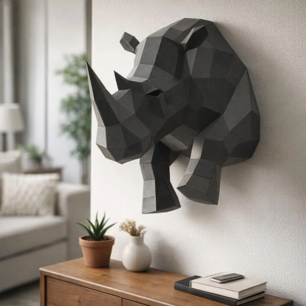 Papercraft demi rhinocéros mural en origami 3D