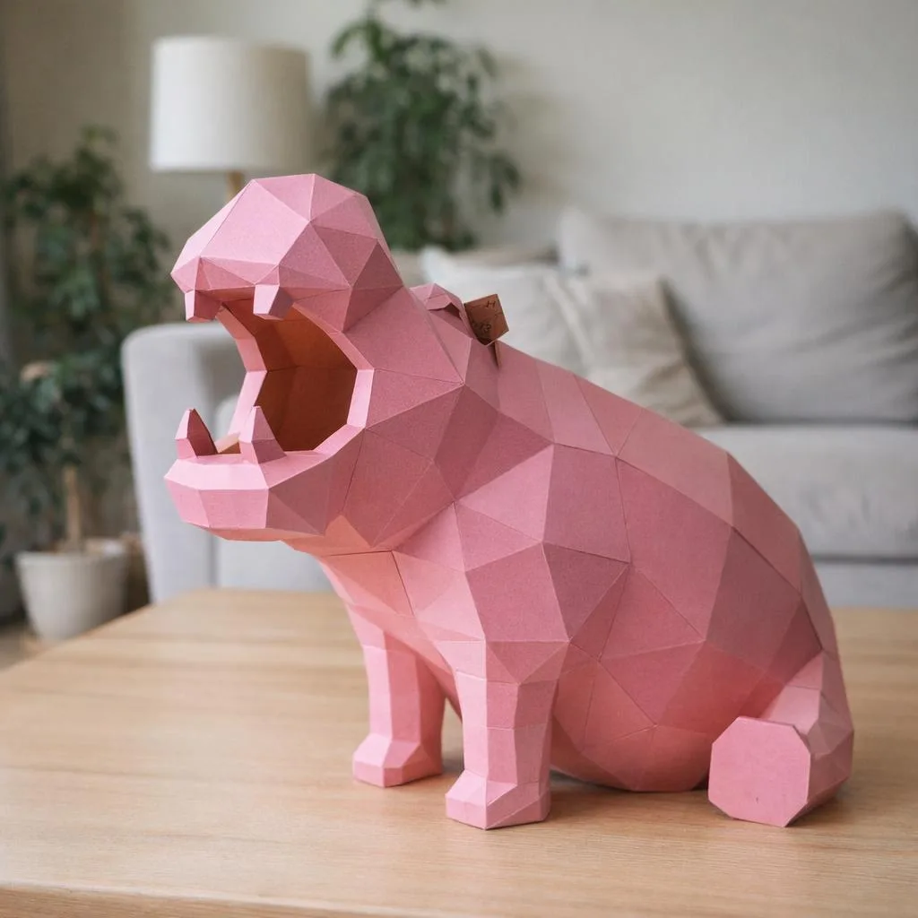 Sitzendes Nilpferd als 3D-Origami-Papercraft