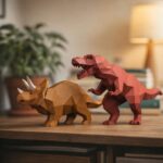 Papercraft dinossauros T-Rex e Tricerátops em origami 3D