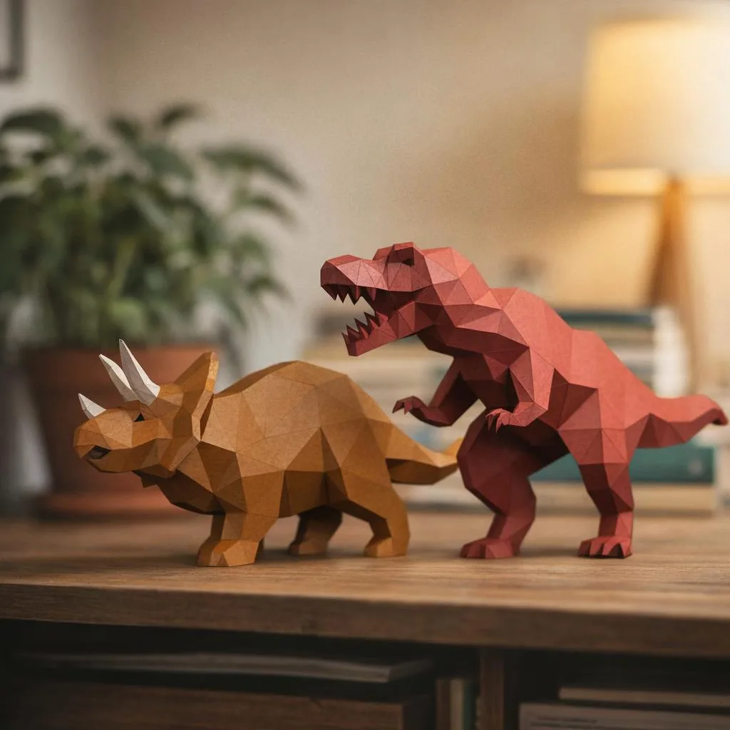 Papercraft dinossauros T-Rex e Tricerátops em origami 3D