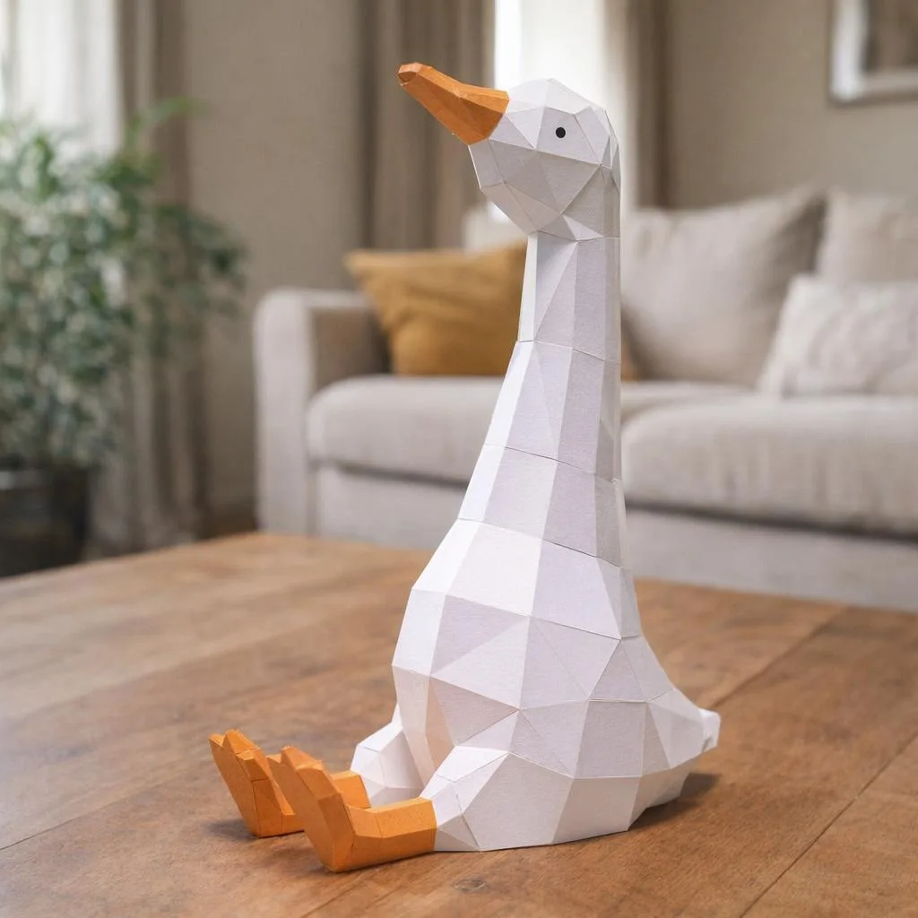 Papercraft einer sitzenden Gans im Origami-Stil
