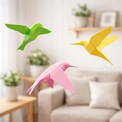 Papercraft de colibris coloridos em origami 3D