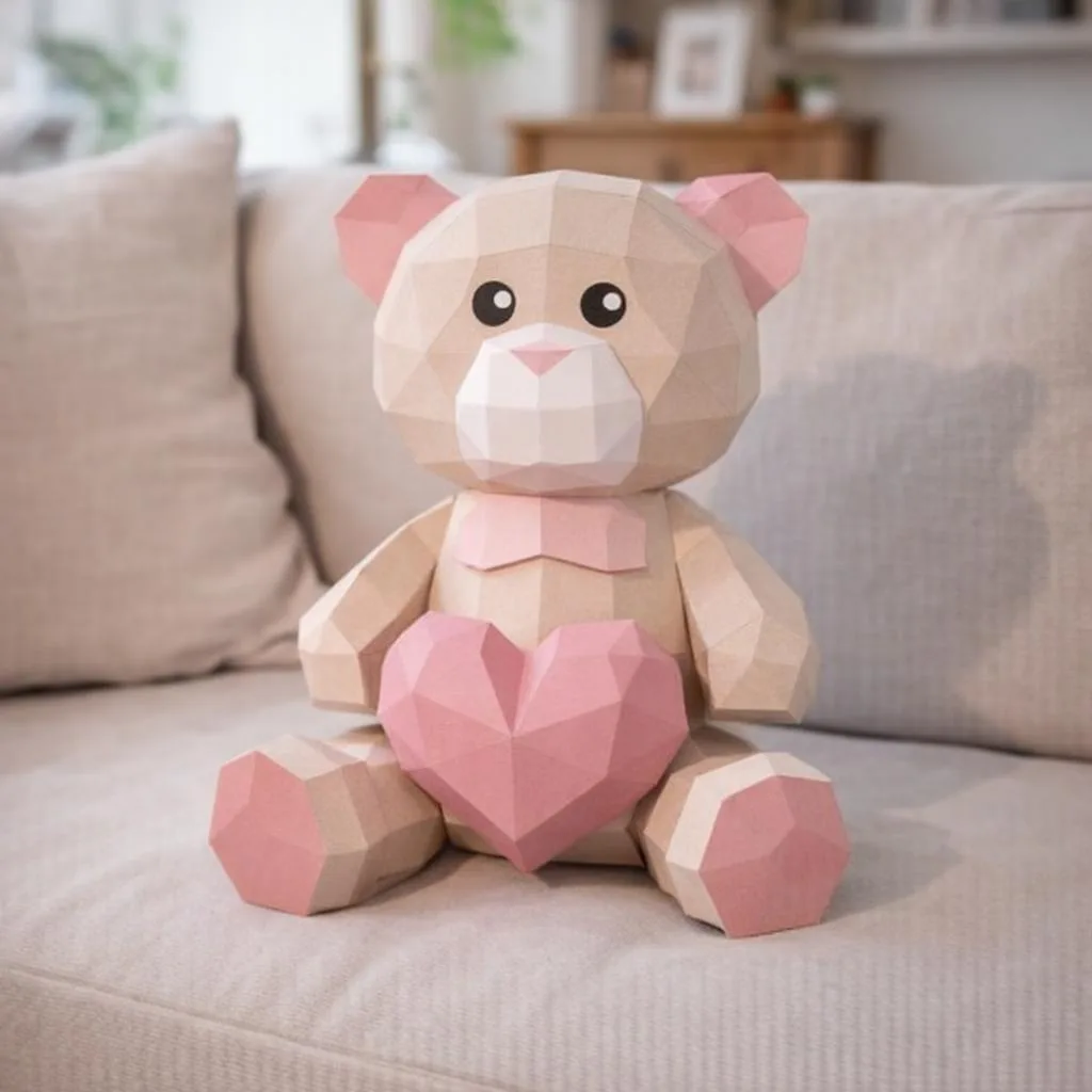 Papercraft-Bär mit Herz im 3D-Origami