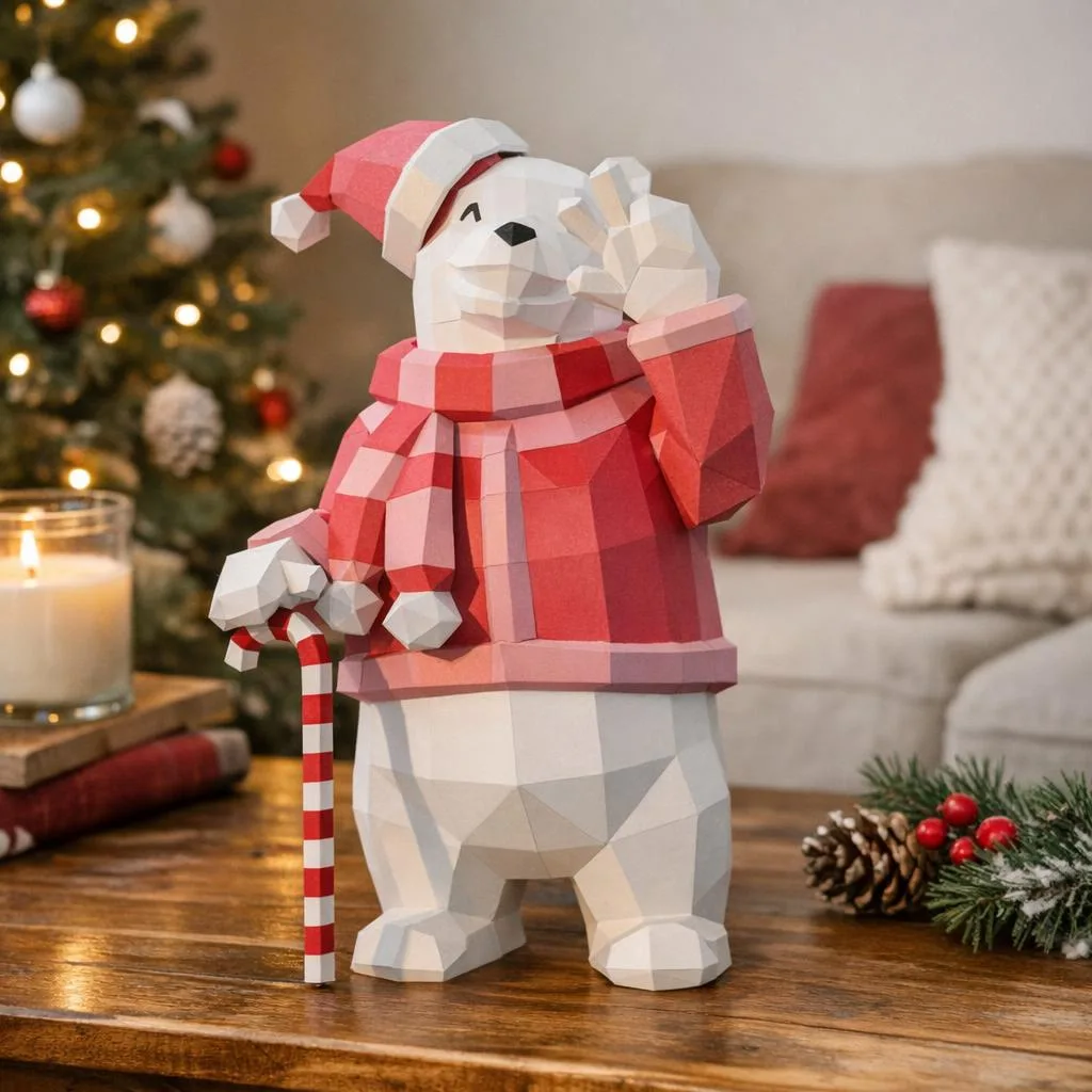 Papercraft de oso navideño con suéter en origami 3D