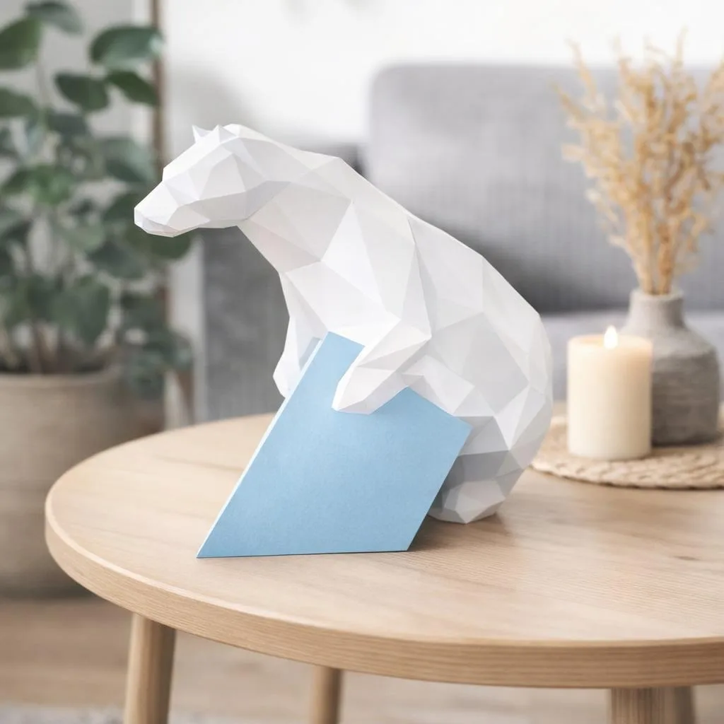 Papercraft-Eisbär auf einem Eisberg sitzend in 3D-Origami