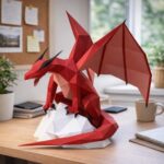Papercraft dragon majestueux sur son rocher en origami