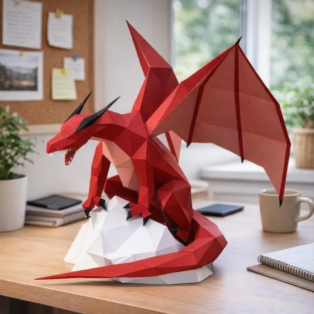 Papercraft de dragão majestoso em origami sobre seu rochedo