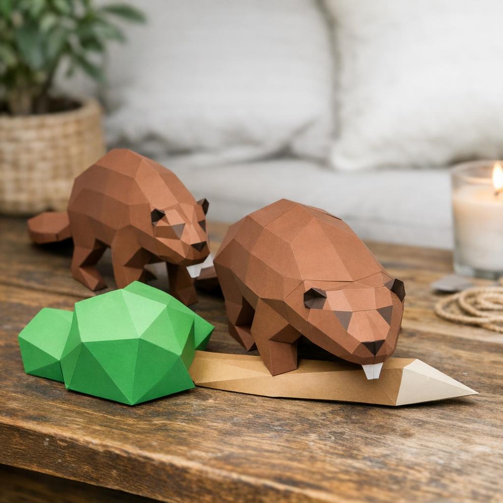 Papercraft du couple de castors en origami 3D