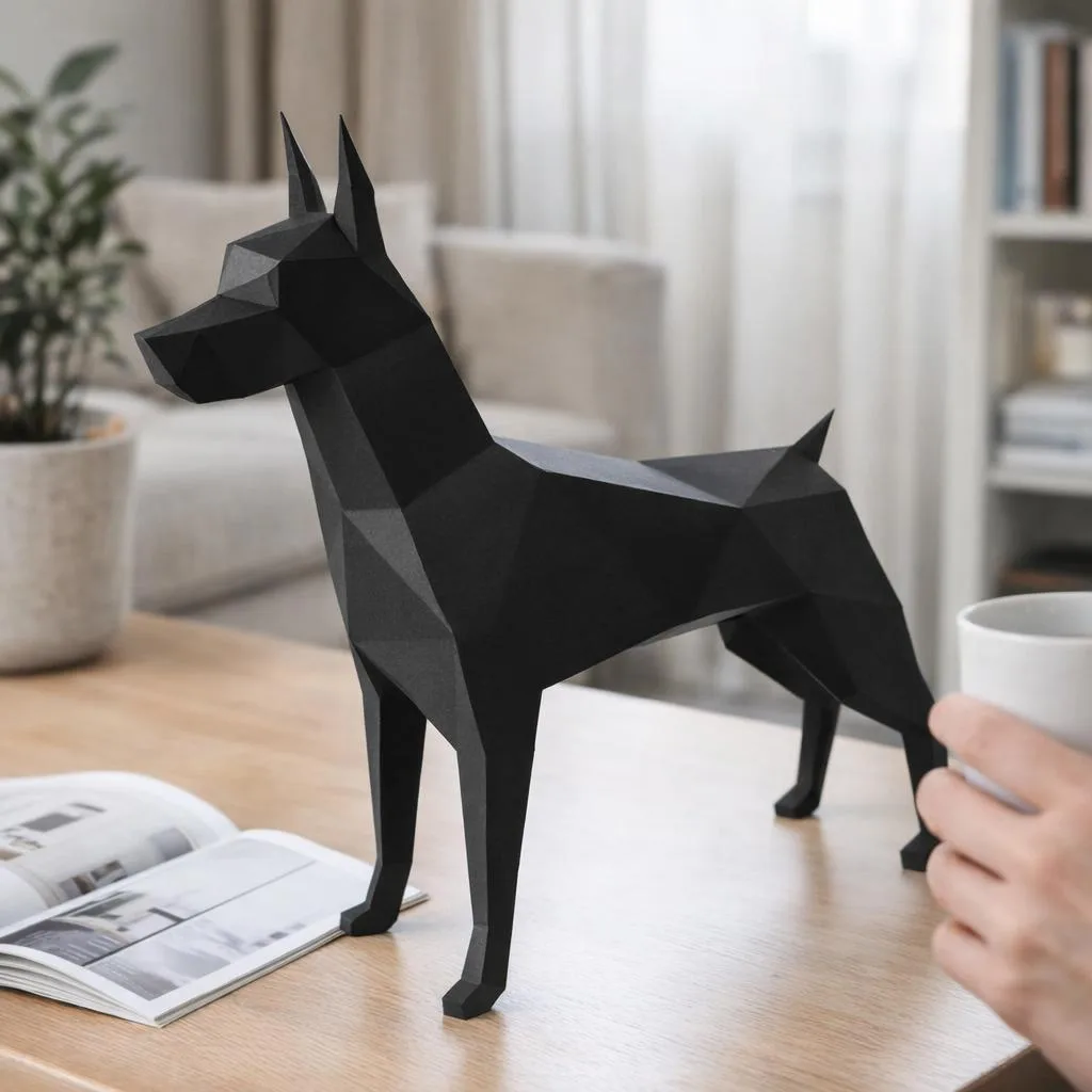 Papercraft di un dobermann nero in origami 3D