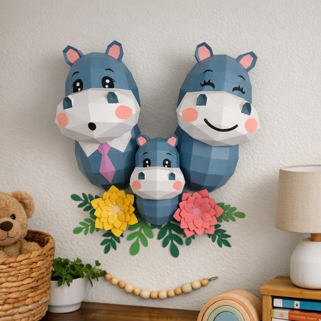 Papercraft famille hippopotame en origami