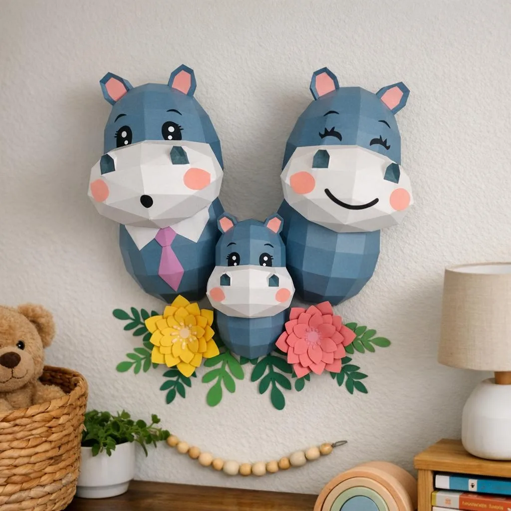 Papercraft familia hipopótamo en origami