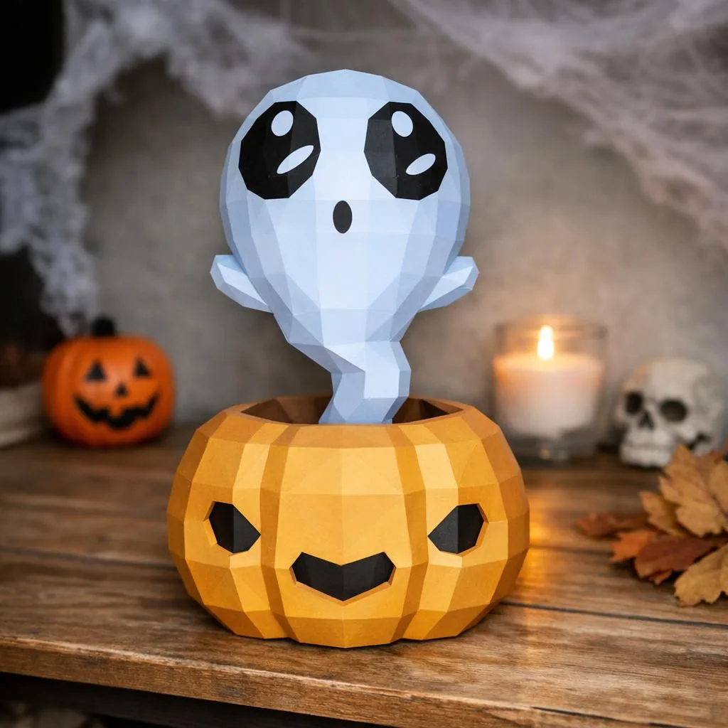 Papercraft Fantasma en Calabaza para Halloween, Modelo DIY 3D en Papel Origami