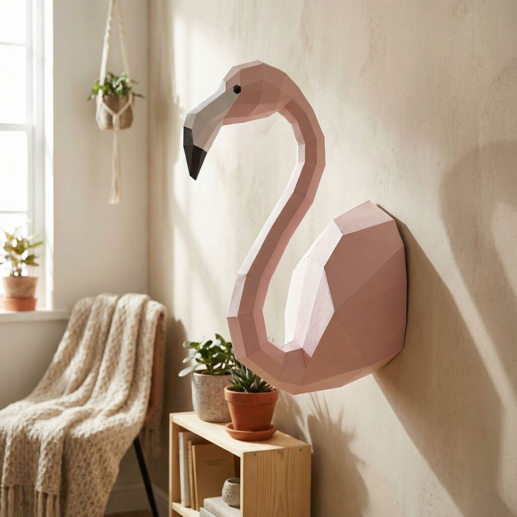 Papercraft flamant rose mural en origami 3D