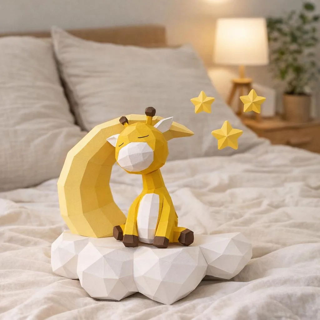 Papercraft schlafende Giraffe auf dem Mond, 3D-Papiermodell