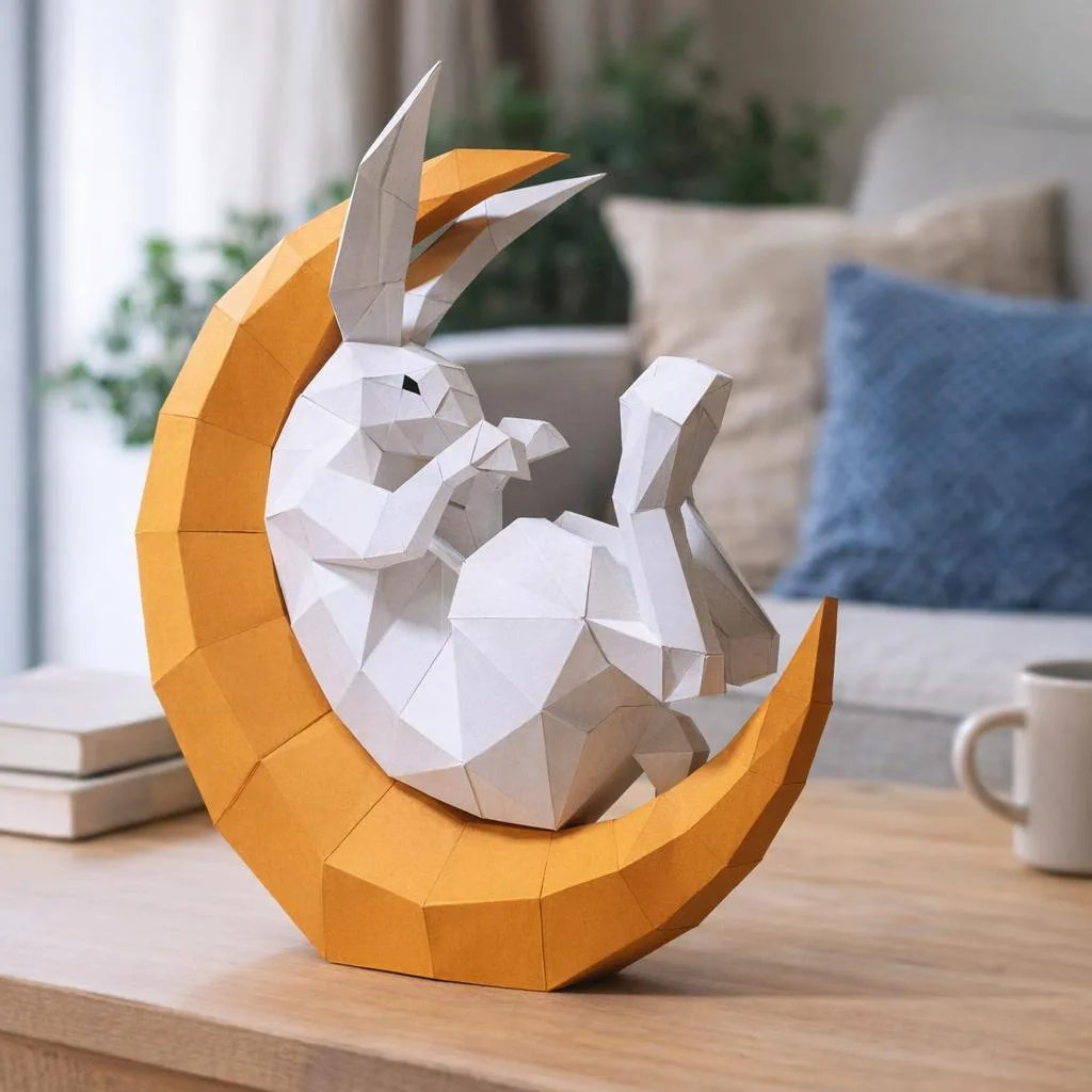 Papercraft rabbit in a crescent moon origami