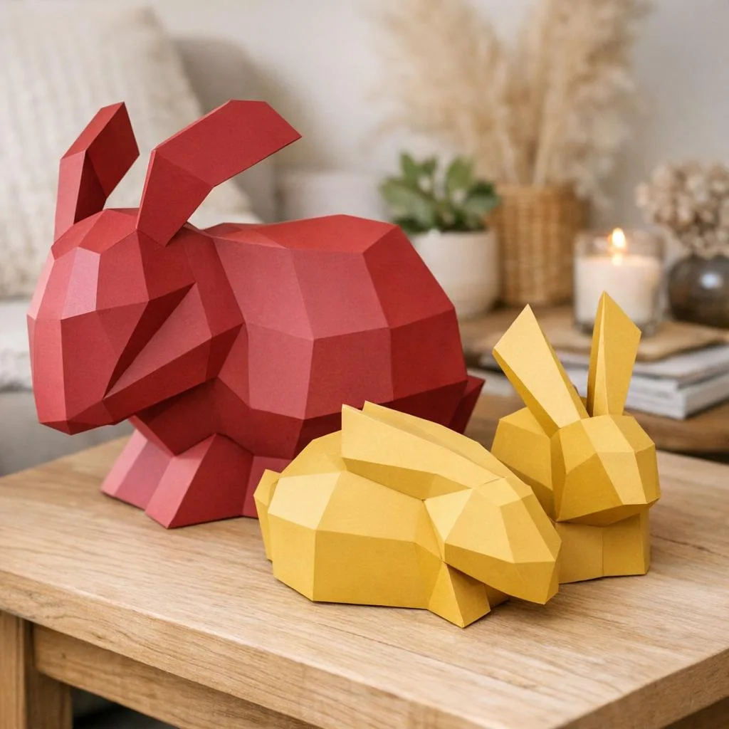 Papercraft de coelho vermelho e amarelo em origami 3D