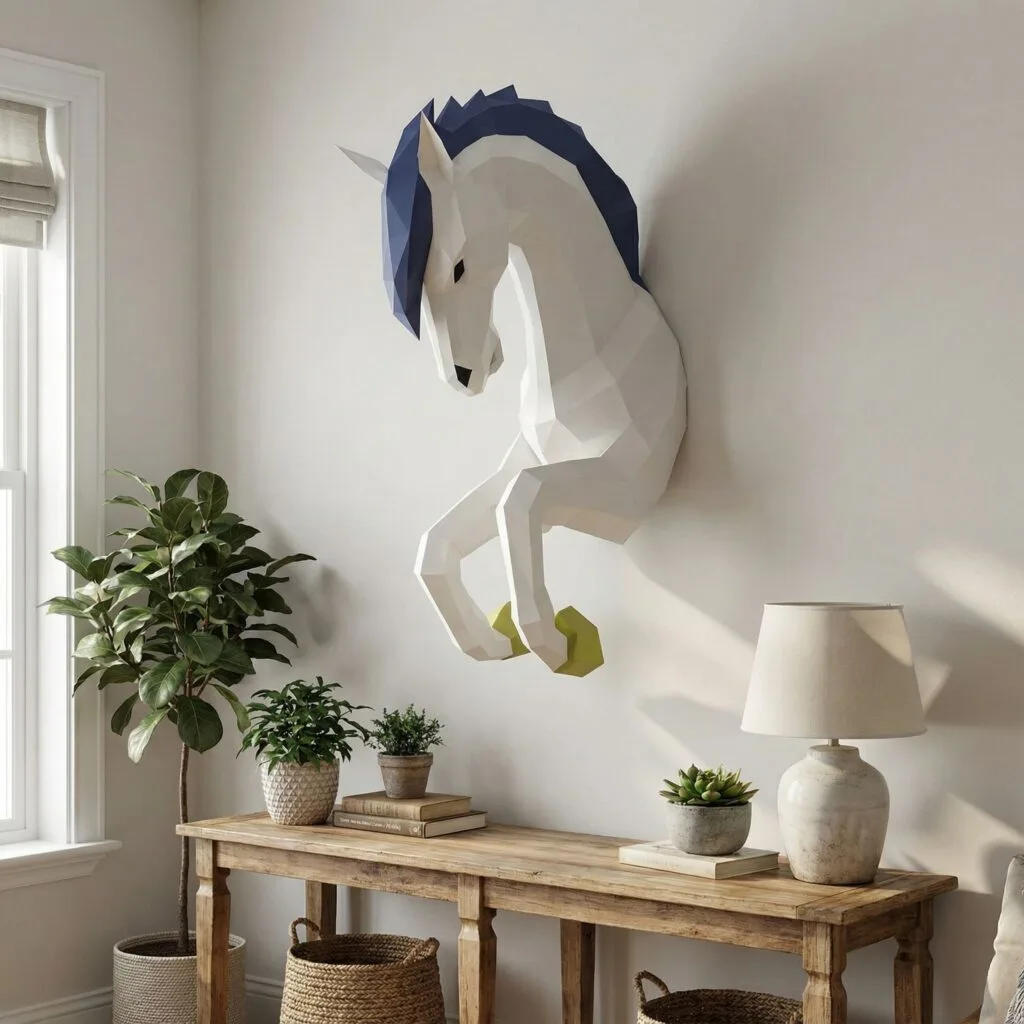 Papercraft licorne murale à crinière bleue en origami 3D