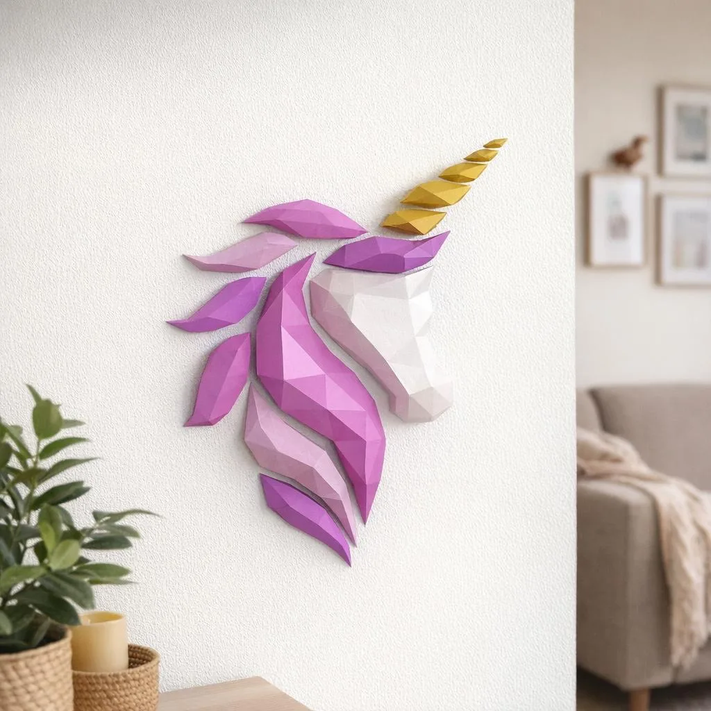 Wand-Papercraft Einhornkopf rosa-violett als 3D-Origami