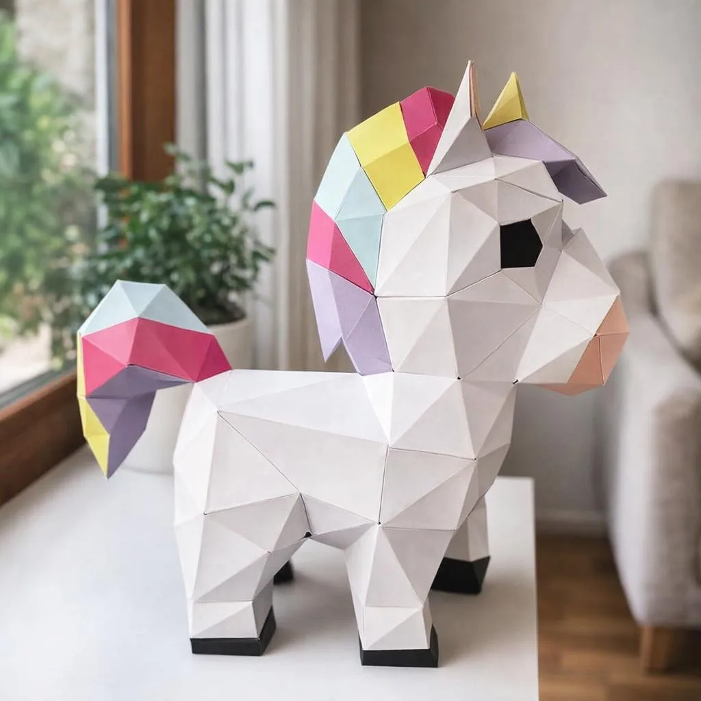 Papercraft licorne arc-en-ciel en origami 3D