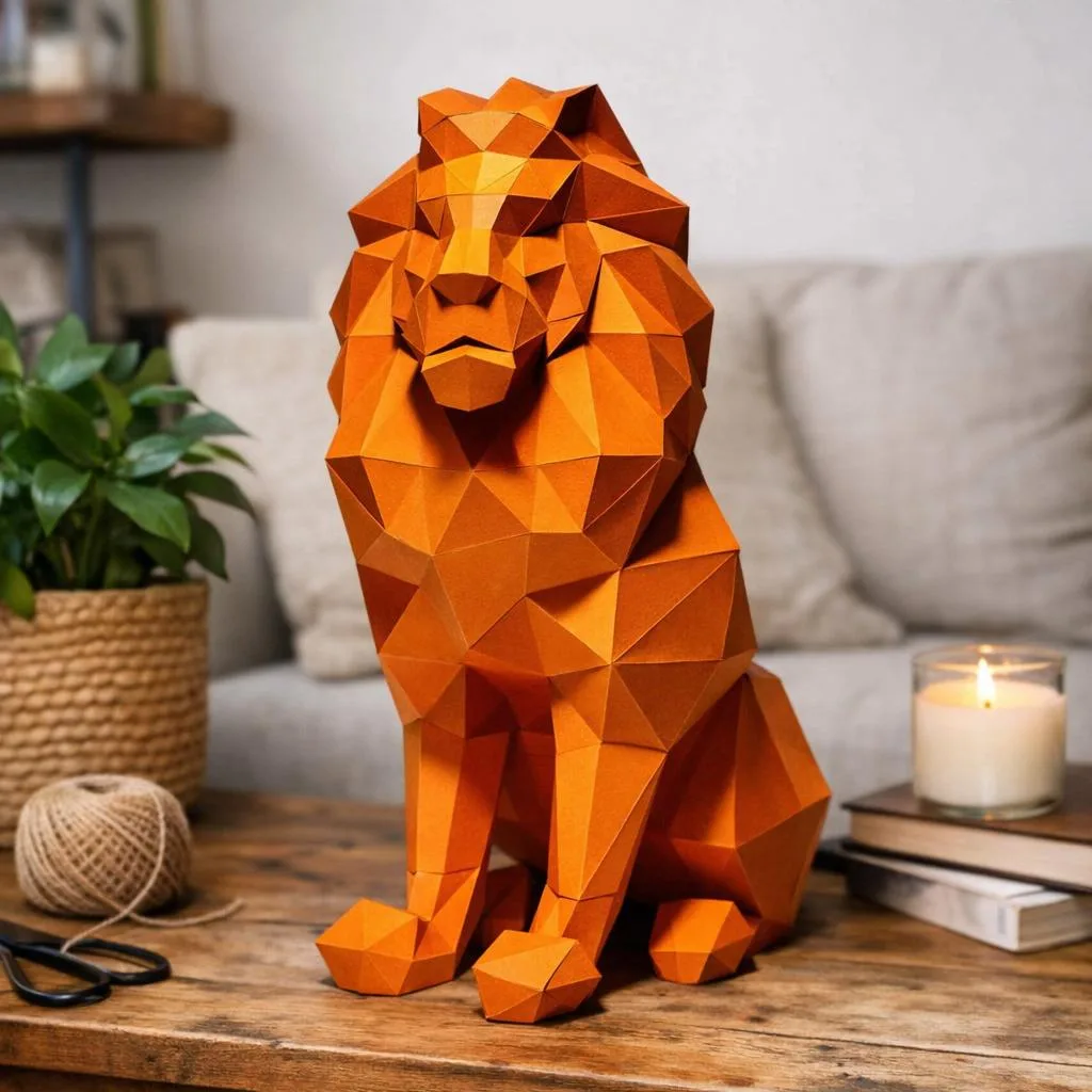 Papercraft masque de lion doré en origami 3D