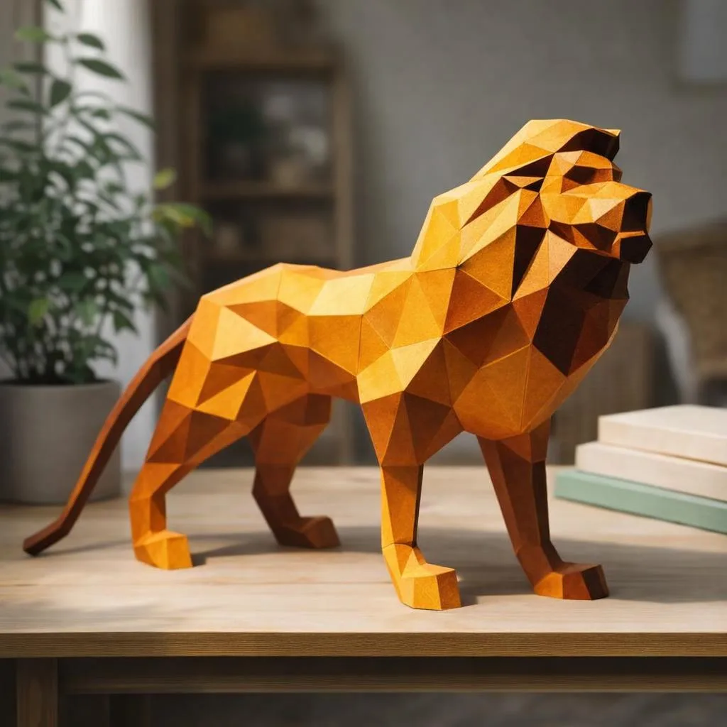 Papercraft leão em pé em origami 3D