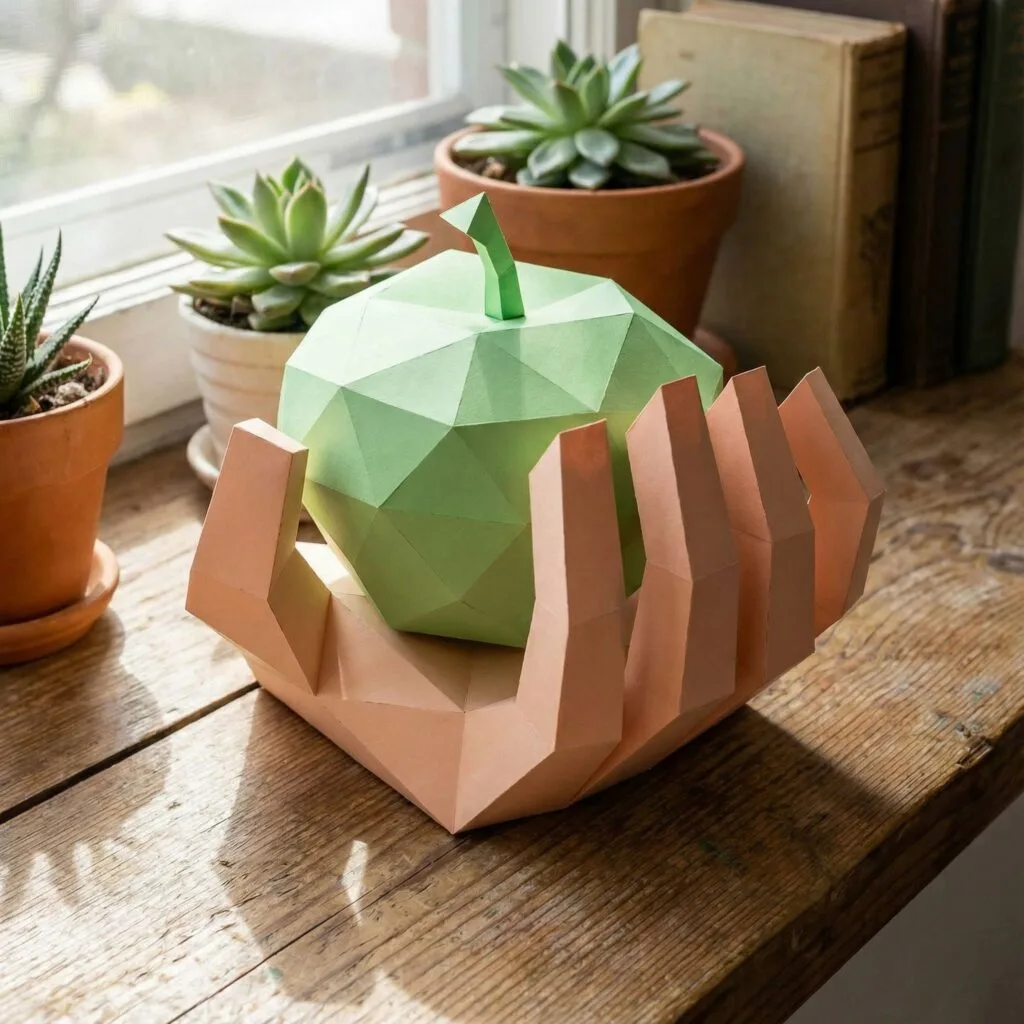 Papercraft mão segurando uma maçã em origami 3D
