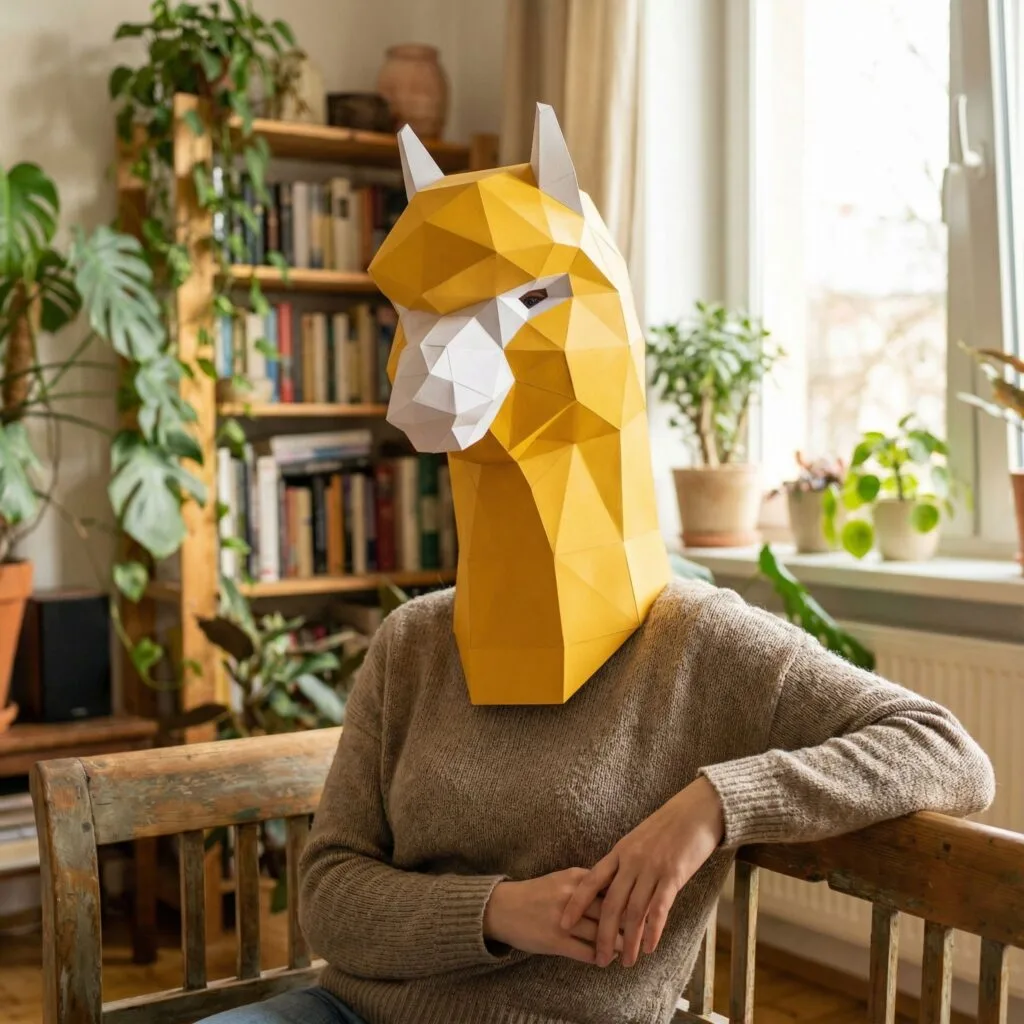 Papercraft Alpaka-Maske als 3D-Origami