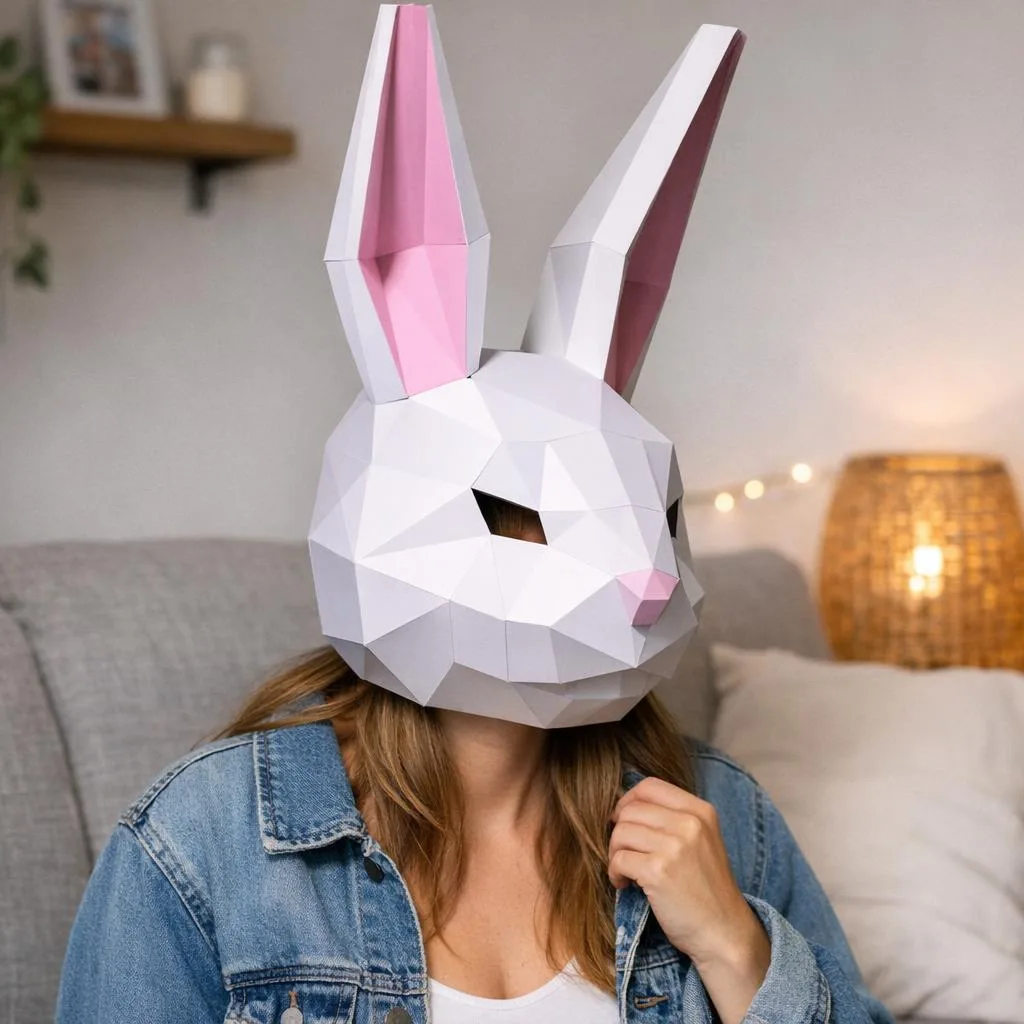 Papercraft máscara de coelho com orelhas rosas em origami 3D