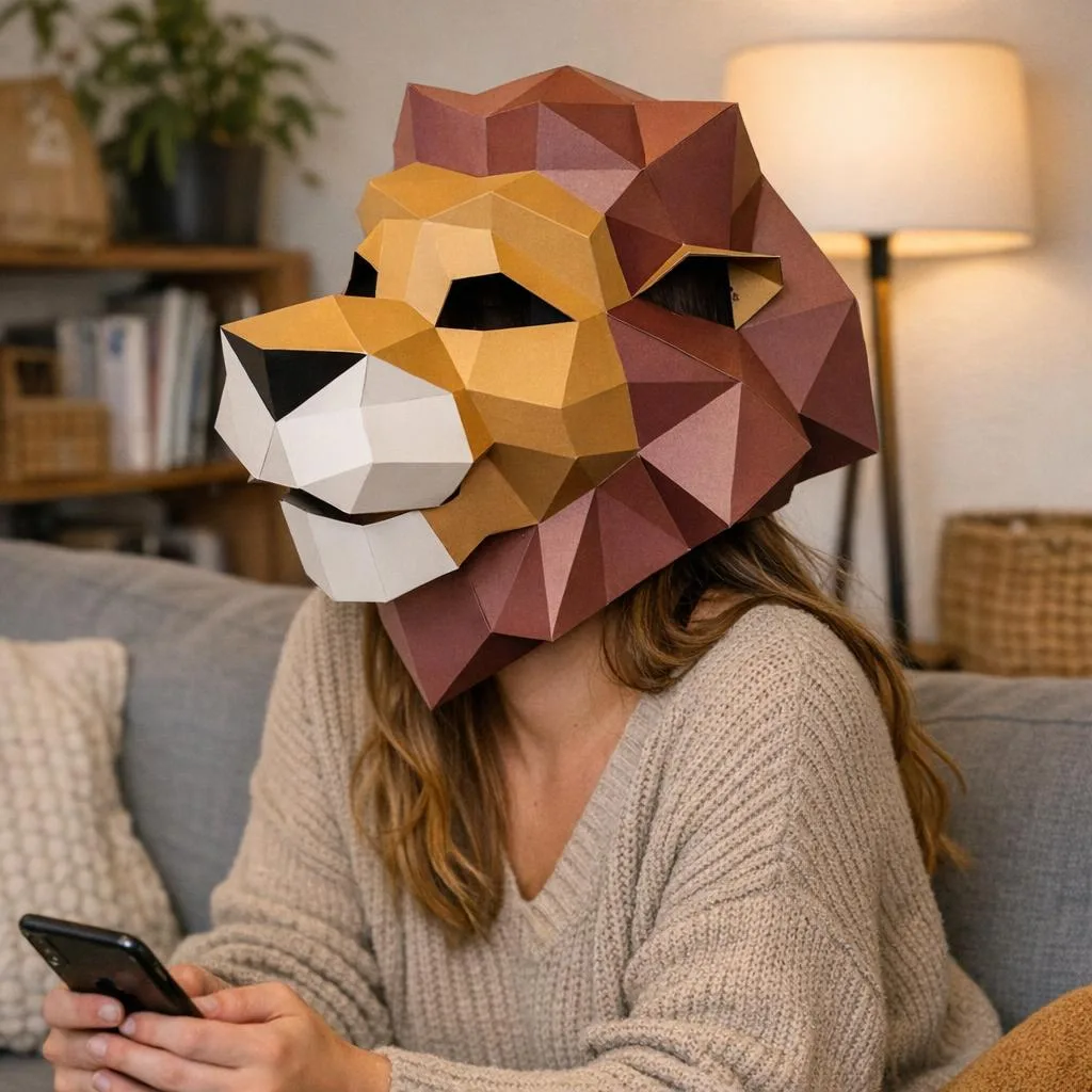 Papercraft masque de lion brun en origami 3D