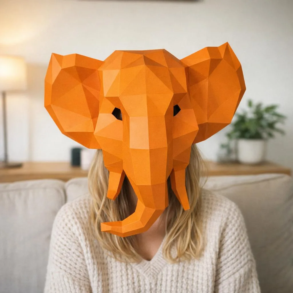 Papercraft máscara de elefante naranja en origami 3D
